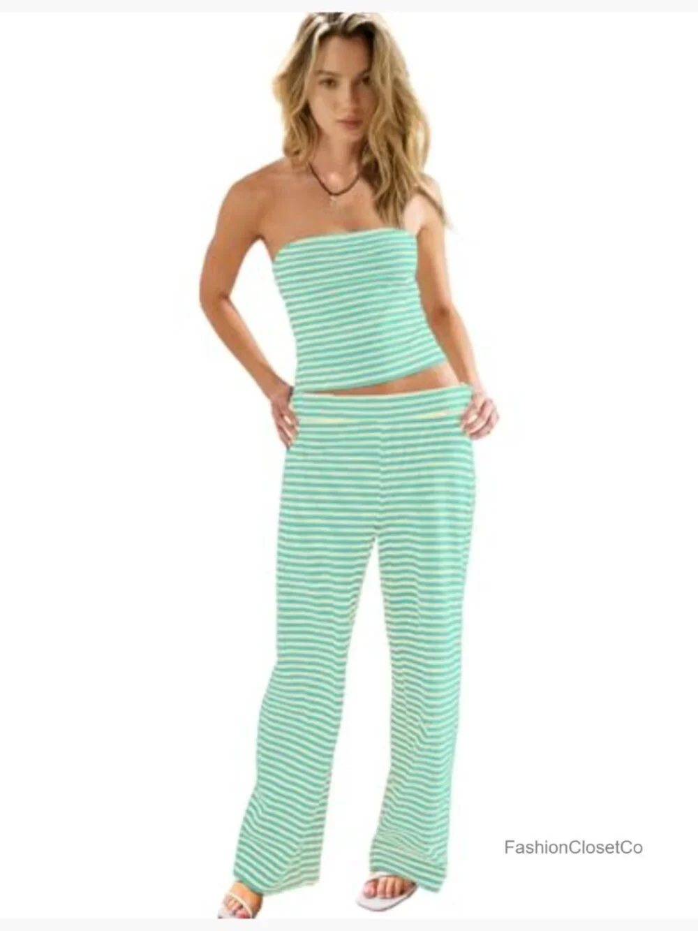 Two Piece Striped Lounge Set Strapless Tube Top and Wide Leg Pants Matching Set